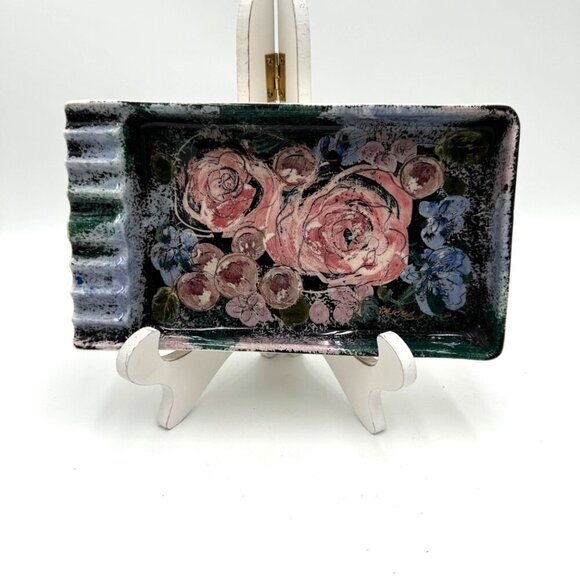 Sascha Brastoff Vanity Fair Very Large Retcangular Ash Tray - Pink Roses - Picture 1 of 12